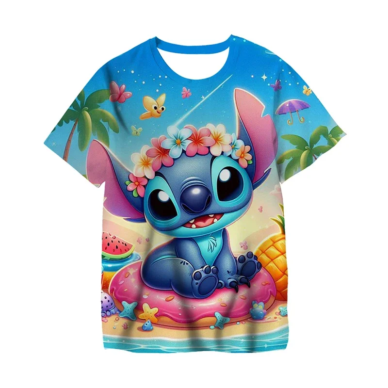 Girls Disney Stitch T Shirts Summer Boy Casual Short Sleeve Cute Cartoon Children's Soft Clothes Kawaii T-shirt Kids' Loose Tees