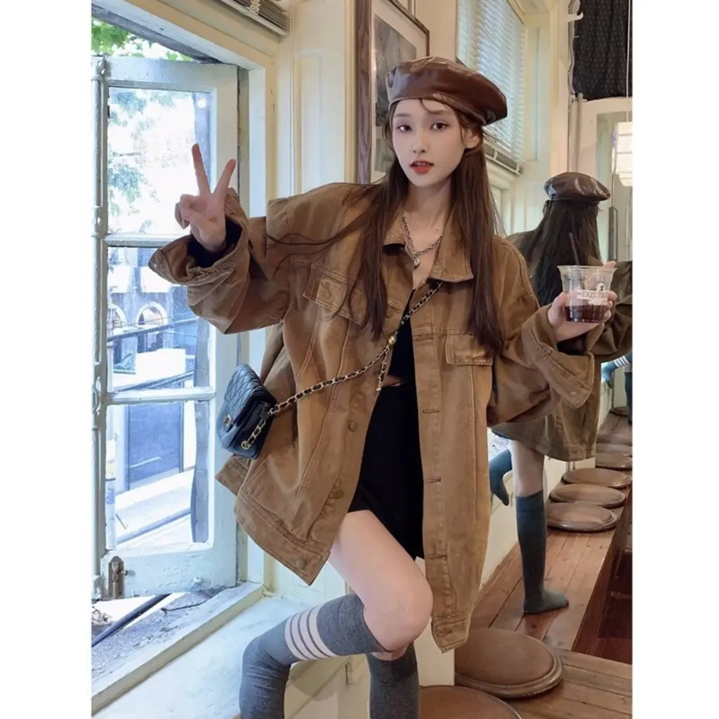 Abrigo vaquero marrón para mujer estilo Vintage americano Vibe primavera Otoño Invierno ropa de trabajo combinable chaqueta Cool Sa Top de moda