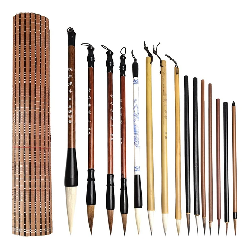 

15Pcs Chinese Writing Brushes With Roll-Up Brush Holder Watercolor Art Ceramic Ink Painting Writing