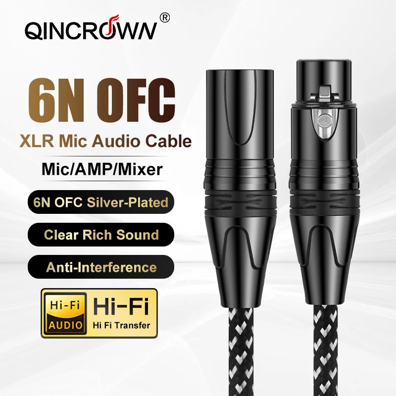 QINCROWN HiFi XLR Stecker auf Buchse Symmetrisches Audiokabel 6N Versilbertes OFC Reines Kupfer mit Abschirmung für Mischpult, Verstärker, Mikrofon, Studio