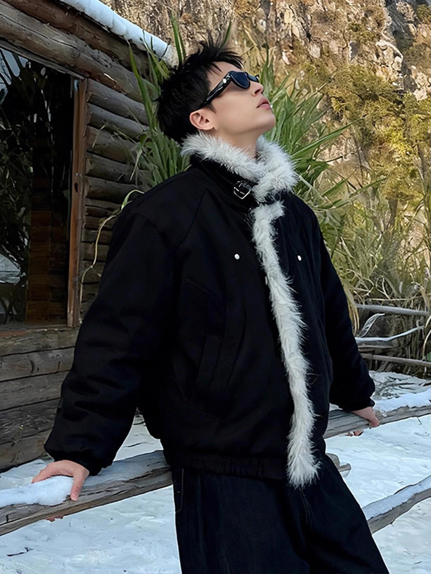 ملابس خارجية شتوية دافئة للرجال من American Sle Thiened من القطن Jaet مع ياقة من الفرو وياقة ثابتة معطف هيب هوب عصري #5