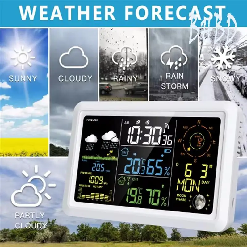 

BHBD-Weather Station With Outdoor Sensor VA LCD Screen Weather Station Wind Speed And Direction Moon Phase EU PLUG