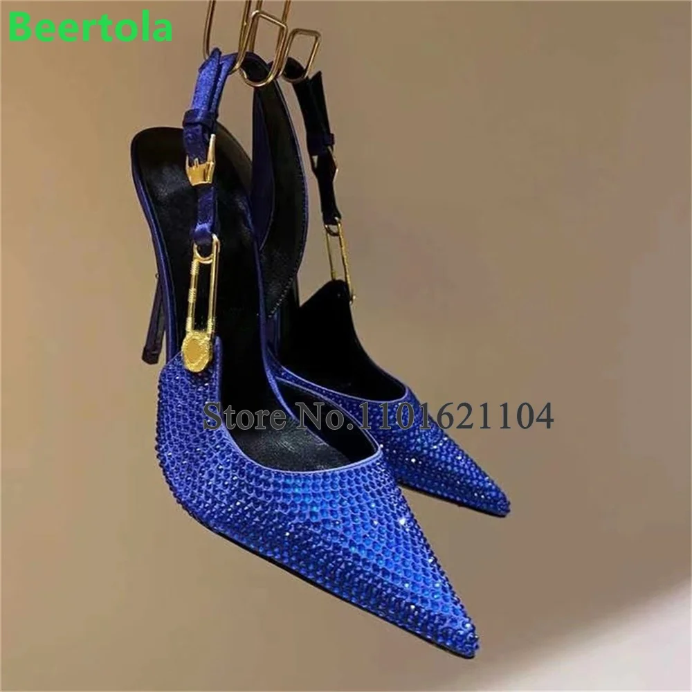 Szpiczaste Toe Crystal Luxury Design Pumps Dla Kobiet 2024 Nowy Cienki Wysoki Obcas Slingback Pasek Klamra Moda Eleganckie Buty