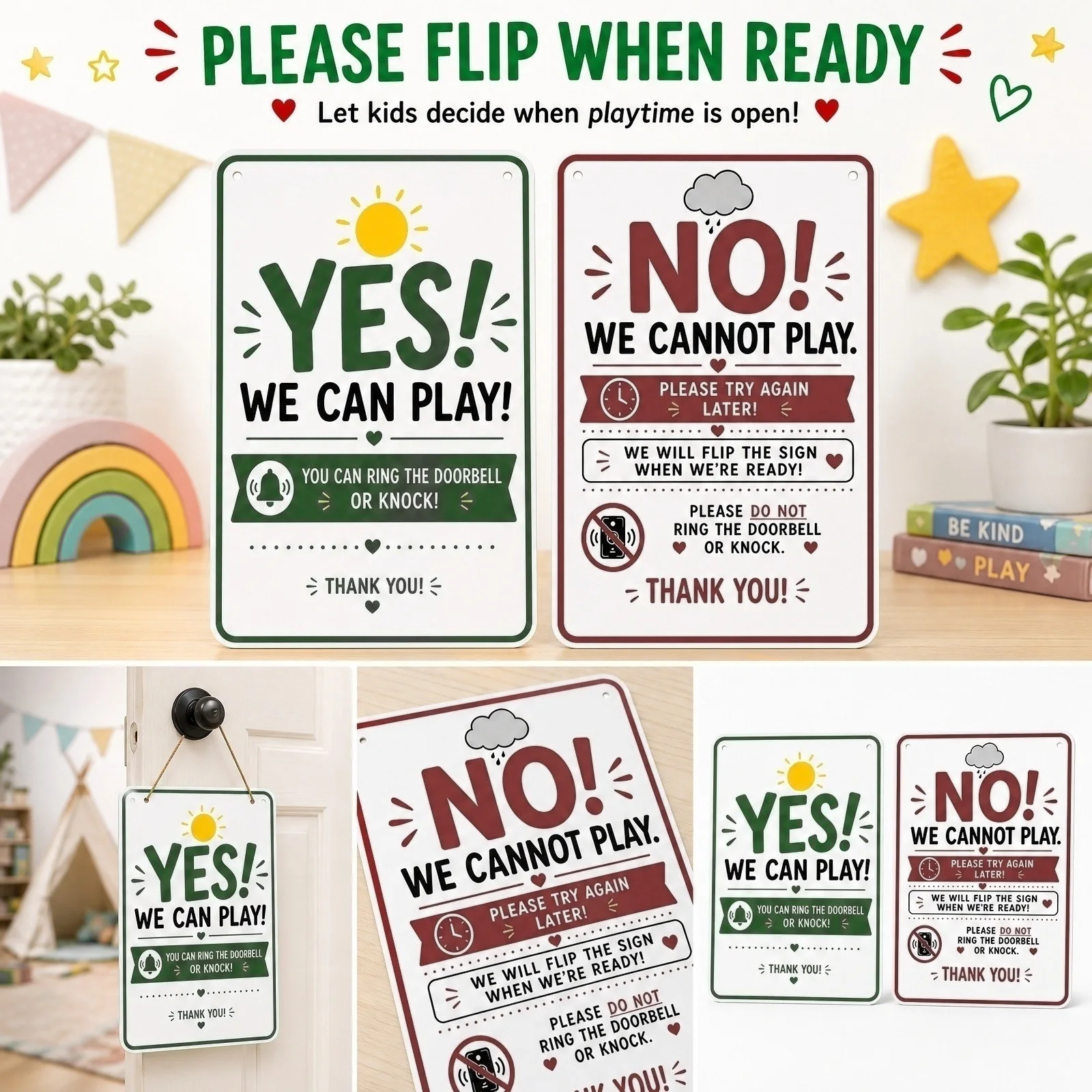 Summer Quiet Time Door Sign Reversible Metal Playtime Door Sign Yes/No Kids’ Play Sign for Family  Hanging Sign for Front Door