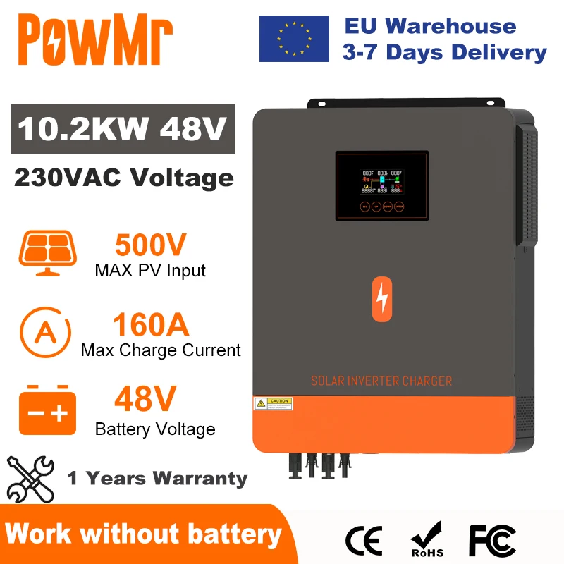 EU Stock PowMr 10.2KW Hybrydowy falownik solarny 48V 230V On Grid Off Grid Pure Sine Wave Inverter MPPT 160A Ładowarka akumulatorów słonecznych