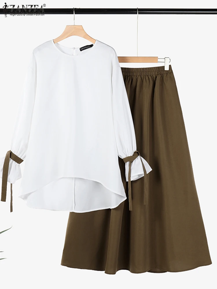 

ZANZEA Women Midi Skirt Outfits 2025 Summer 2pcs Dress Sets Casual Loose Bowtie Top Suit Fashion Colorblock Holiday Matching Set