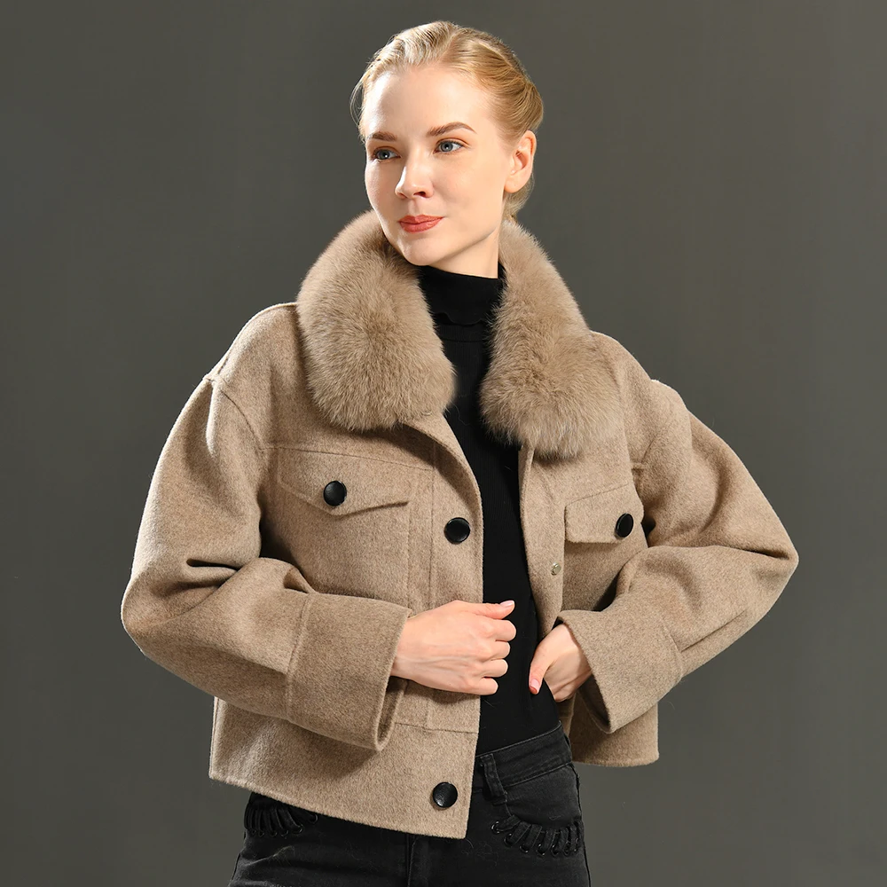 

Women Cropped Wool Outerwear Streetwear Cashmere Wool Coat with Big Real Fur Collar Winter Jacket Pocket Full Sleeves