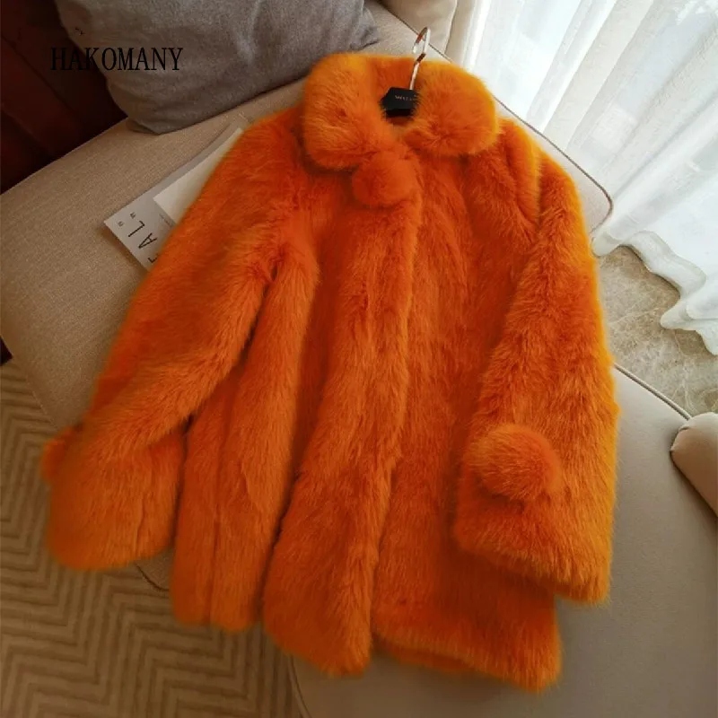 2023 Winter Orange Dopamine Hairy Shaggy Faux Fur Jacket Ball Lapel Collar Full sleeve Furry Coat Party Long Outercoat