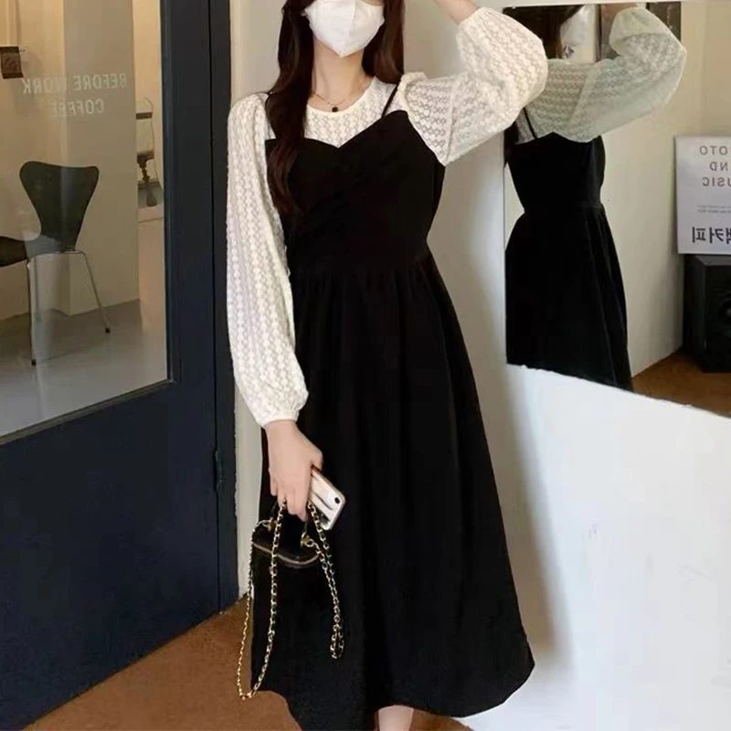 2022 Autumn Oversized Elegant Fashion Lace Patchwork Dress Ladies Long Sleeve Sweet Midi Dress Women Korean Style Robe Vestidos