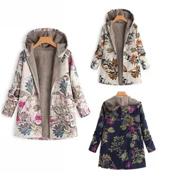 Printed Hooded Long Sleeve Coat Oversized Vintage Women Autumn Winter Warm Plush Jacket Casual Ladies Clothes