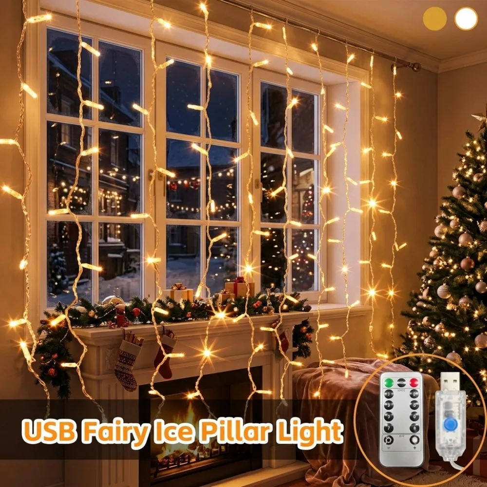 USB Powered Icicle Fairy String Lights 3 Colors Remote for Christmas Staircase Home Festive Room Window Table Balcony Decor