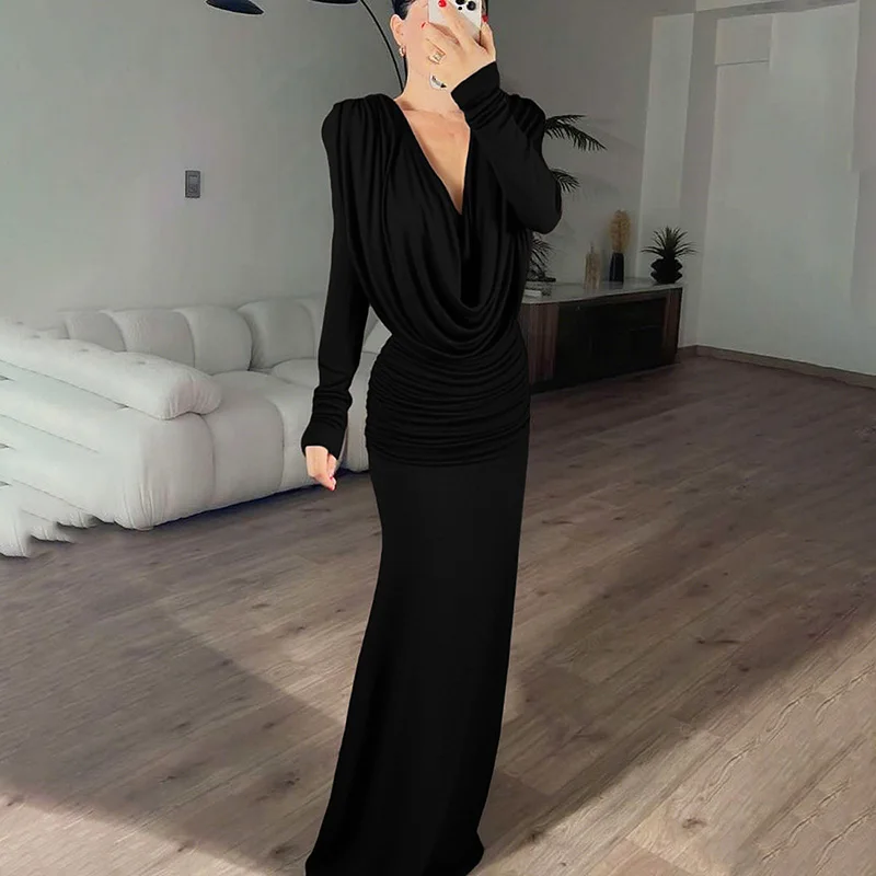 Ticketsx Sexy Deep V-Neck Ruched Slim Long Dress Solid See Through Long Sleeve Dress Autumn Elegant Party Evening Dress Women