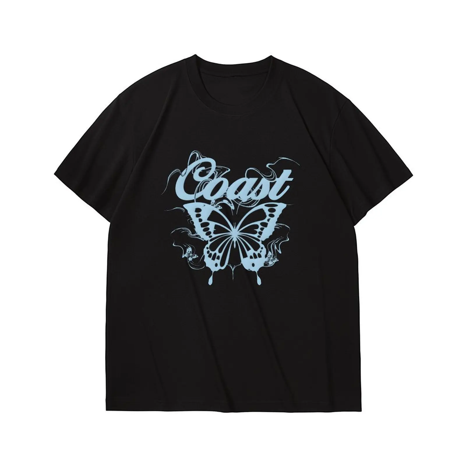 امرأة ملابس تي شيرتات قصيرة الاكمام الكورية بلايز أنثى س الرقبة عادية تي شيرت فراشة طباعة رياضي 2025 Y2K صيف جديد