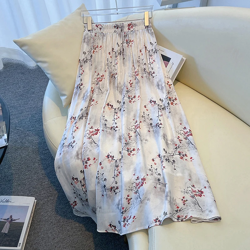 2024 New Large Size New Chinese Retro Versatile Satin Flowing Light Colorful Half Skirt Plum Blossom Print Long Skirt