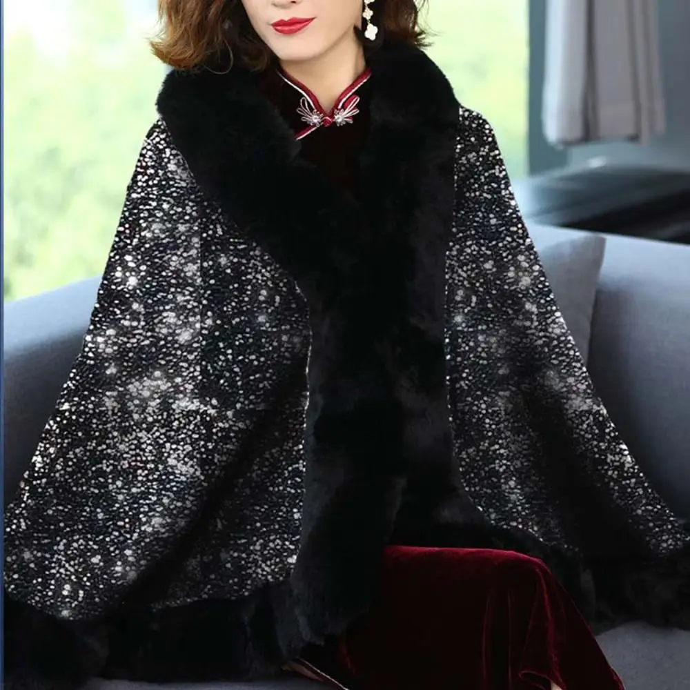 أزياء المرأة الخريف الشتاء شال العرقية نمط مخطط الفراء طوق مطرزة شال الصوف الاصطناعي الدافئة كيب عباءة الخارجي #4