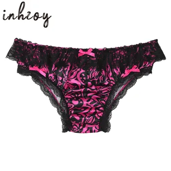 Mens תחתוני נשי סיסי משיי סאטן הלבשה תחתונה תחתוני תחתונים לפרוע תחרה Bowknot תחתוני Crossdress תחתוני תחתונים