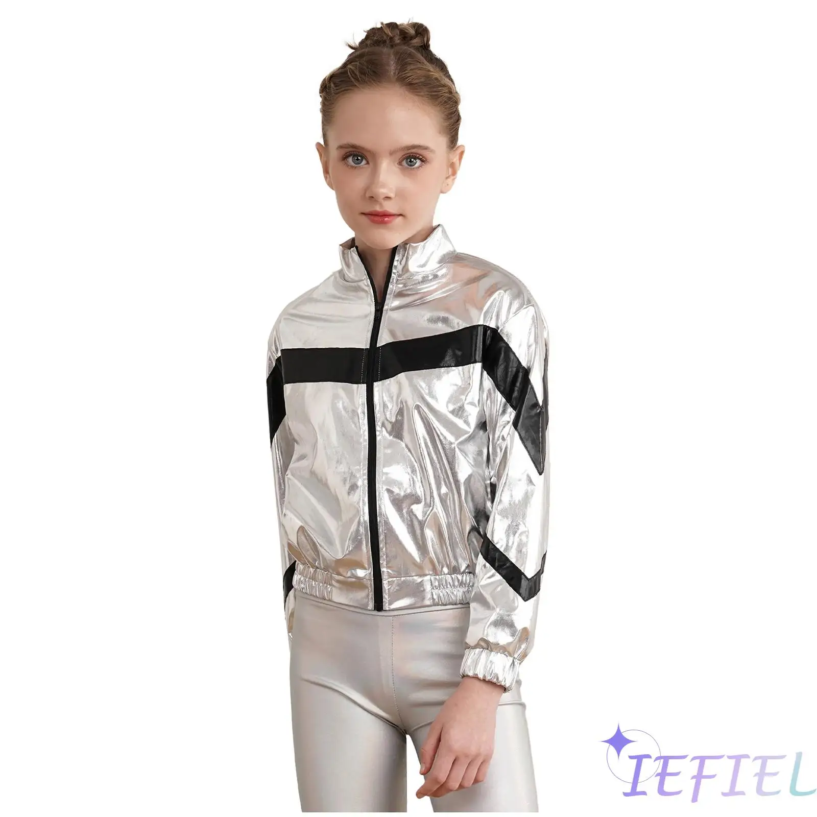 Kid Girls Boys Stand Collar Shinny Metallic Bomber Jacket Coat Modern Hip Hop Jazz Street Dance Wear Skateboarding Stage Costume