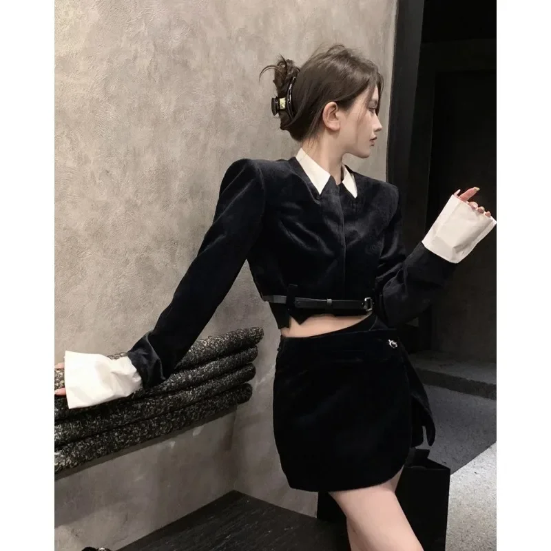 UNXX Small Fragrant Style Skirt Suits Women Autumn 2024 Black Velvet Long Sleeve Coat Women Female Blazer Skirt Two Piece Set