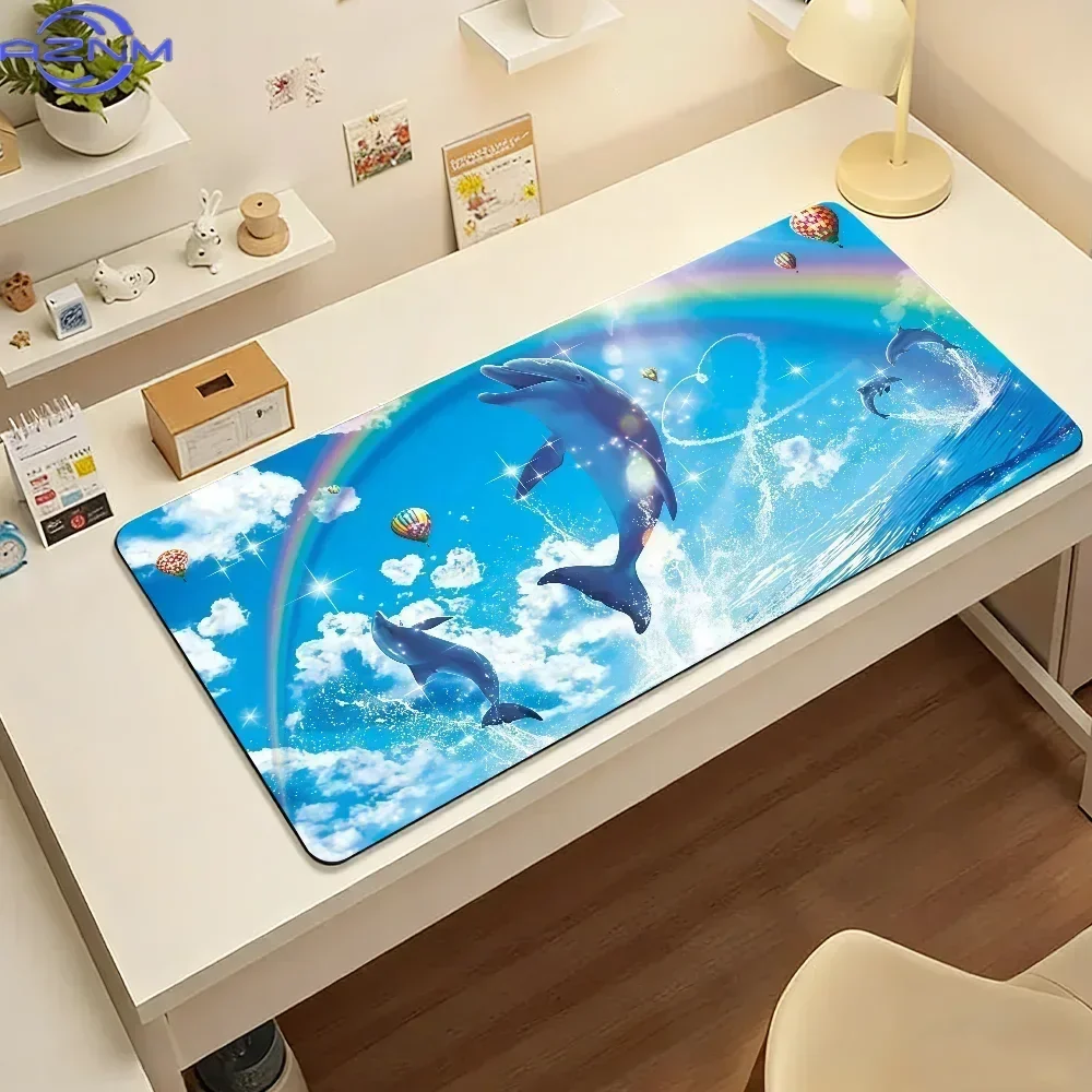 Cute Dolphin Rainbow Sky Cloud Mousepad Rubber Non-Slip Large Desk Mat Sparkle Ocean Animal Hot Air Balloon Pattern Keyboard Pad