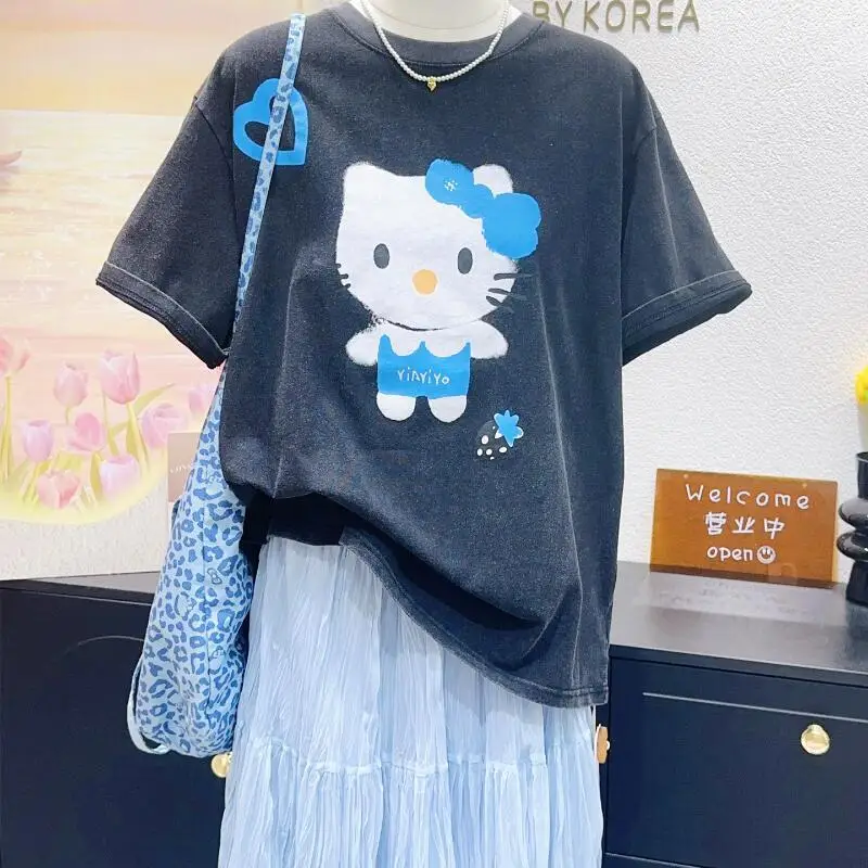 Hello Kitty High-Quality New Short-Sleeved Cotton Retro Age-Reducing Tops Cartoon Loose T-Shirt Street Fashion Hot-Selling Gifts