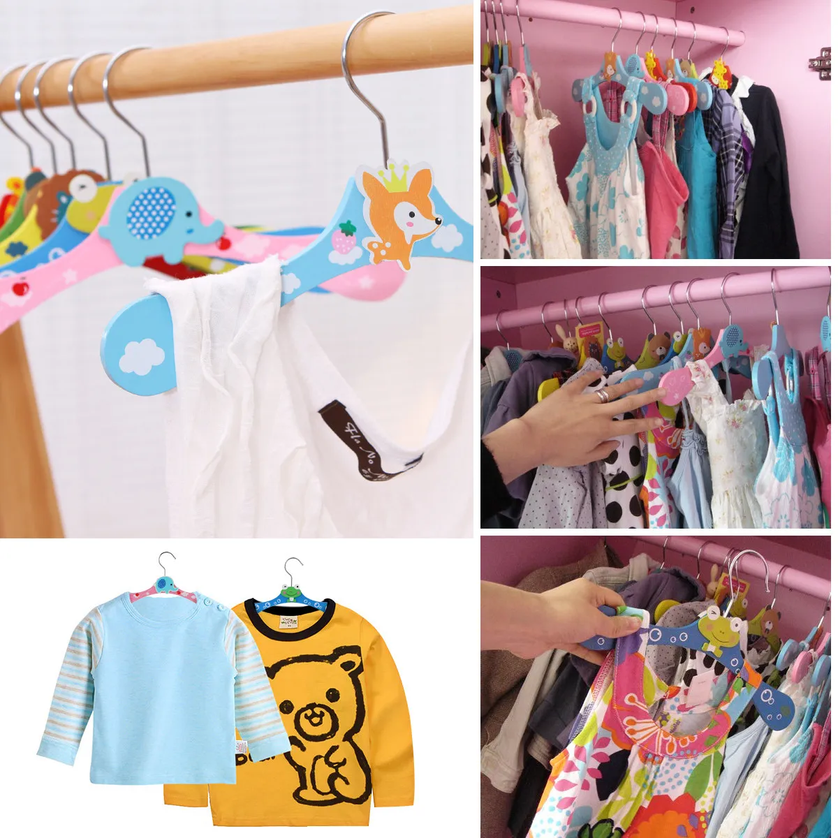 10Pcs Kids Cartoon Wooden Hangers Metal Hooks Clothes Racks Random Color Patterns No Wrinkles Wooden Hangers
