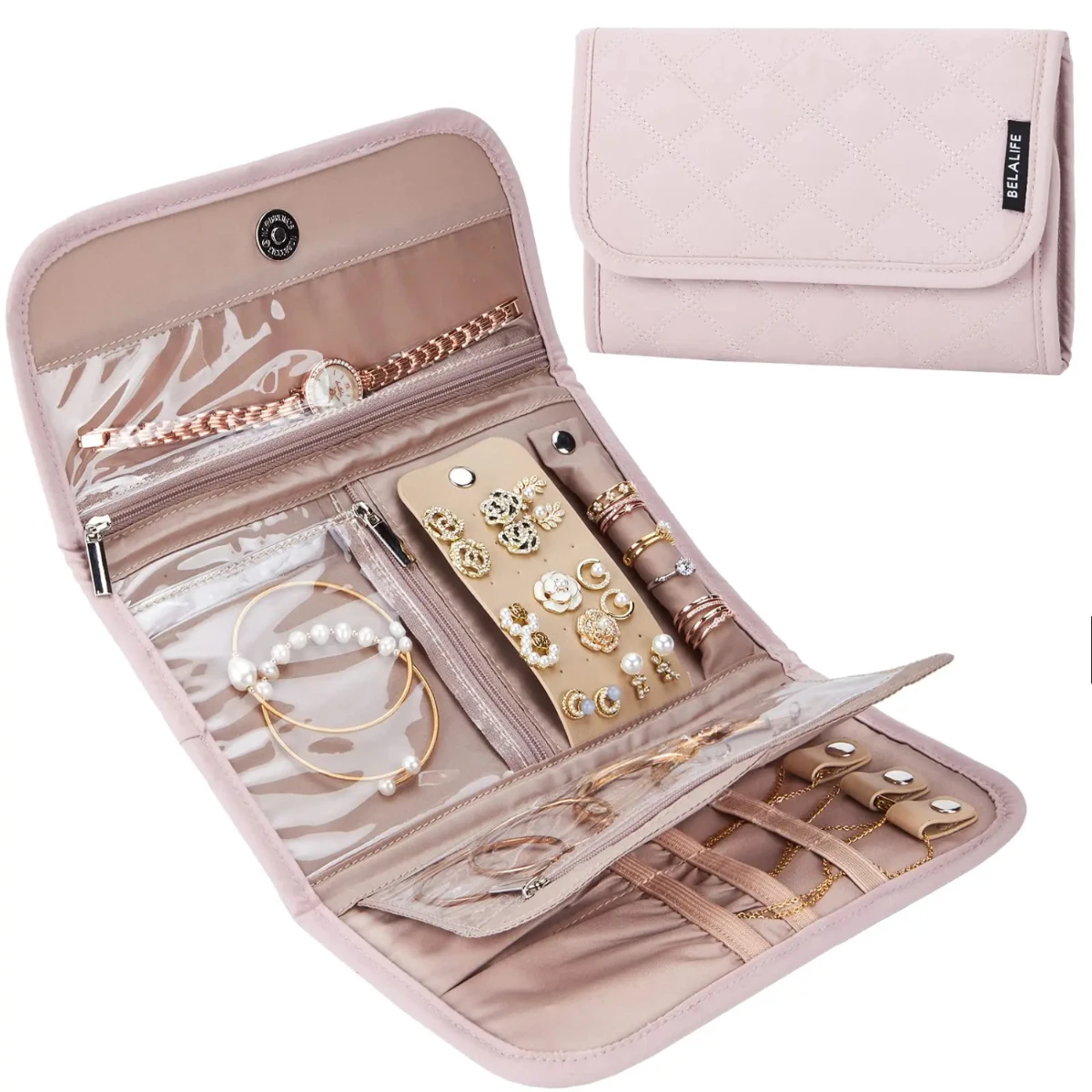 

Travel Jewelry Case Organizer, Foldable Jewelry Roll Earrings, Necklaces, Rings,Bracelets,Portable Jewelry Bag Roll