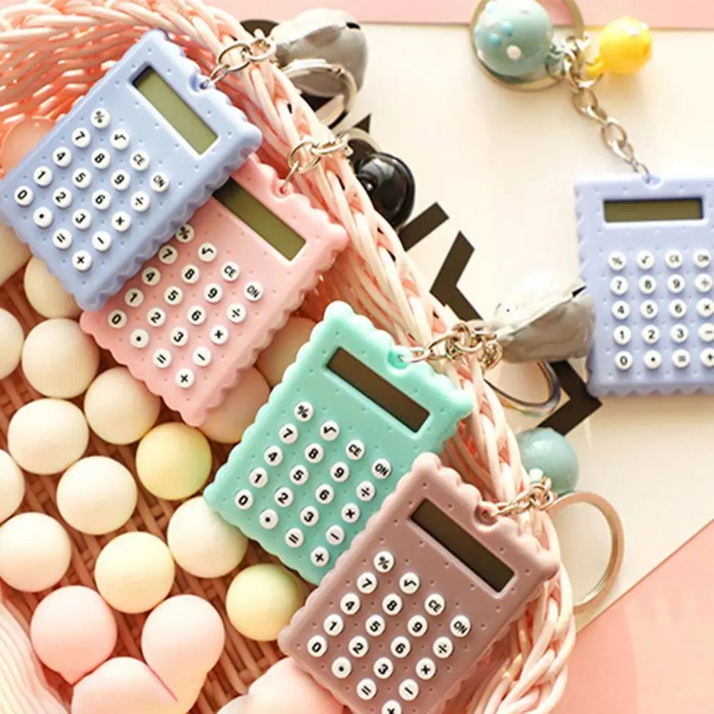 Novelty Keychain Calculator Cute Cartoon Biscuit Shape Keychain Calculator with 8 Digits Lcd Display Durable Mini for On-the-go