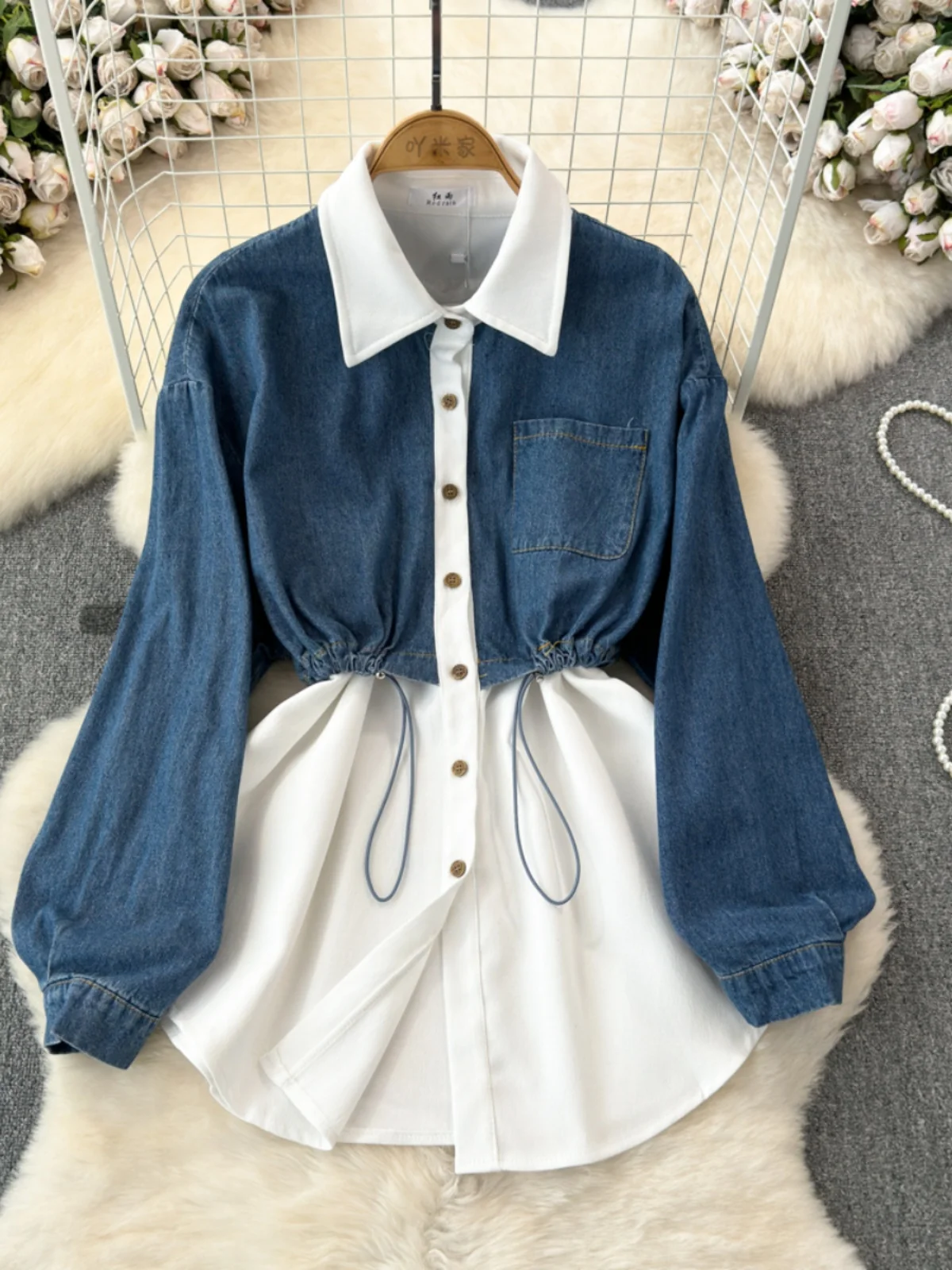 

Korean Sle Long Sve Denim irt Women's Casual Chic Top Belted Waist Cinching Tie Front Collar Stand up Spring Autumn
