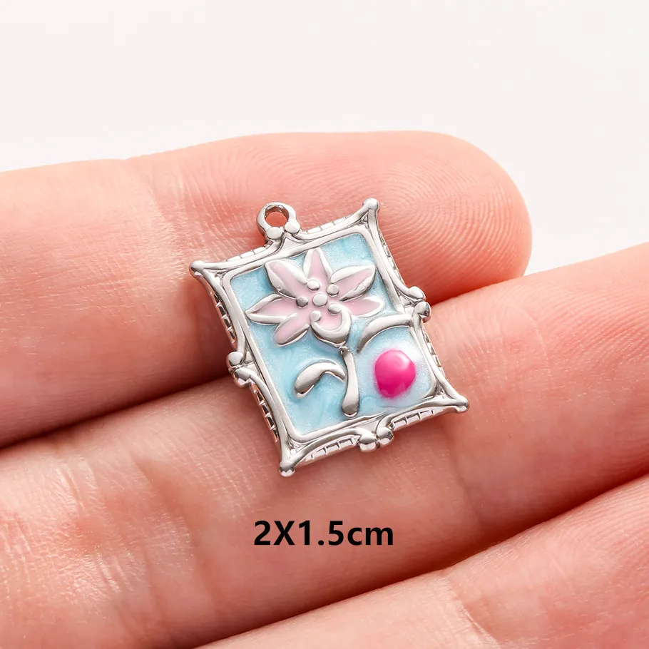 2 Stück Edelstahl-Anhänger mit blau-rosa Emaille, modischer Pflanzen-Charm, natürliche Perlenblumen-Anhänger für die Schmuckherstellung, Halsketten, Großhandel – Detail 2