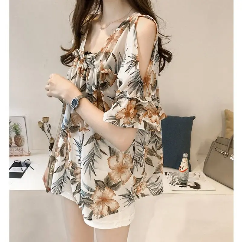 Fashion Off Shoulder Printed V-Neck Spliced Flare Sleeve Loose Chiffon Blouse Summer Casual Tops Oversized Commute Women\'s Shirt