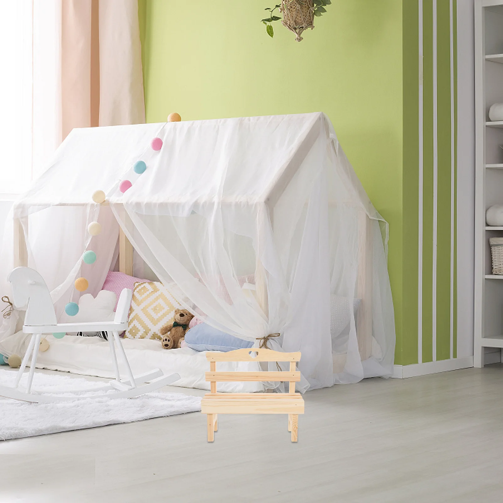 

Mini Wooden Bench Pine Craft Adorable Home Room Ornament Porch Chair Decorative Garden Bench Miniature Sill Bookshelf Display