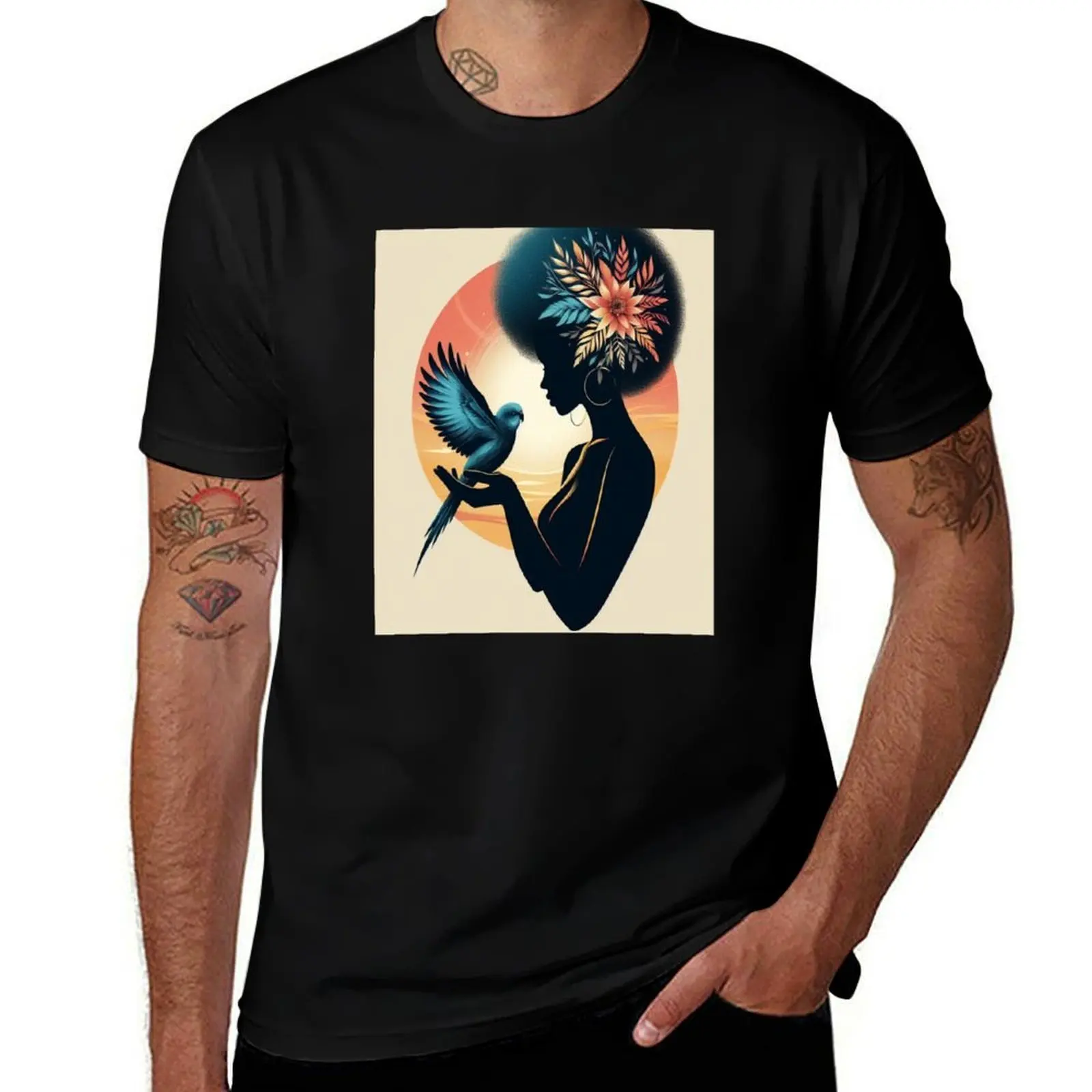 

Harmony of Femininity: Bird in the arms of a woman T-Shirt summer shirt summer 2025 plus size tops mens shirts graphic tee