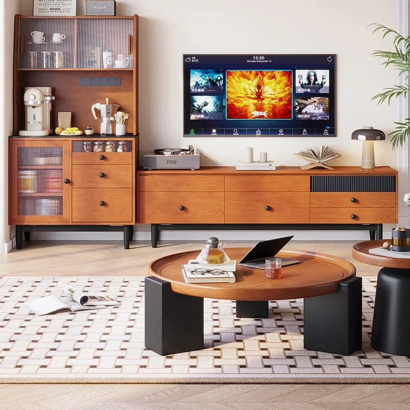 

Ретро-комбинация журнального столика и тумбы под телевизор для небольшой квартиры, гостиная, тумба под телевизор из массива дерева, встроенный шкаф для хранения.