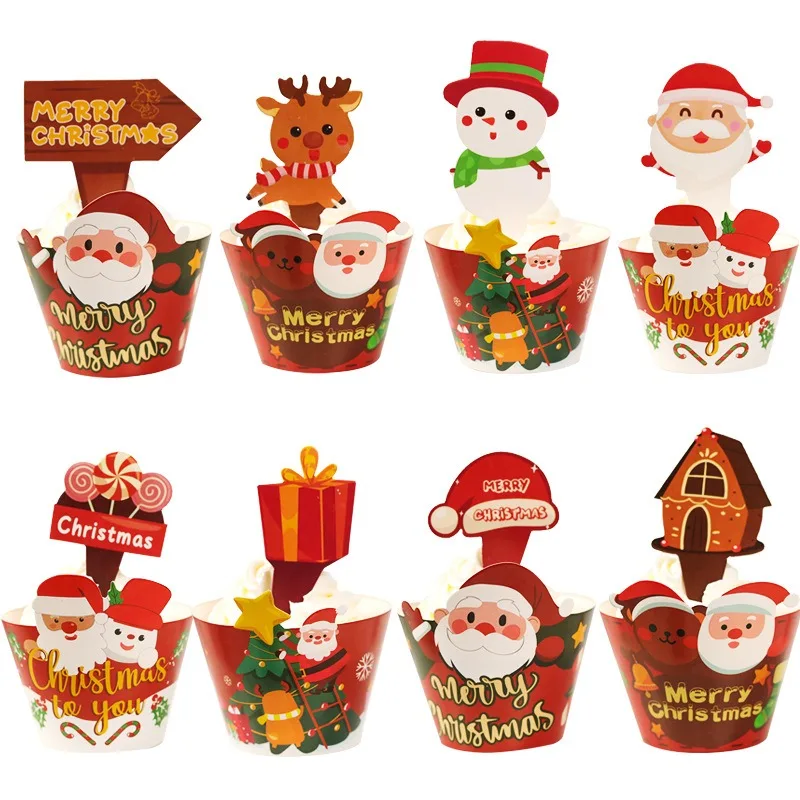 50PCS Christmas Cupcakes Home Dessert Oven Air Fryer Baking Home Santa Claus Snowman Moose Insert Card Holiday Gift