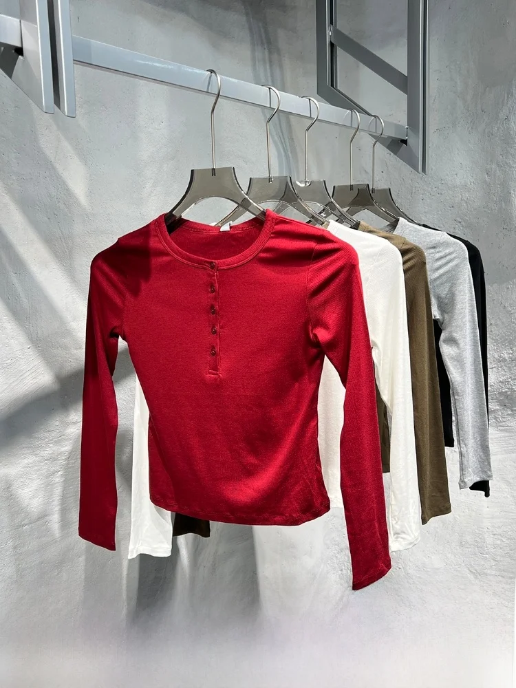 

Slimming Fitting Room Women's round Ne Long Sve Tead Cotton Elastic Base irt T-irt Button up Vintage Sle ort L...