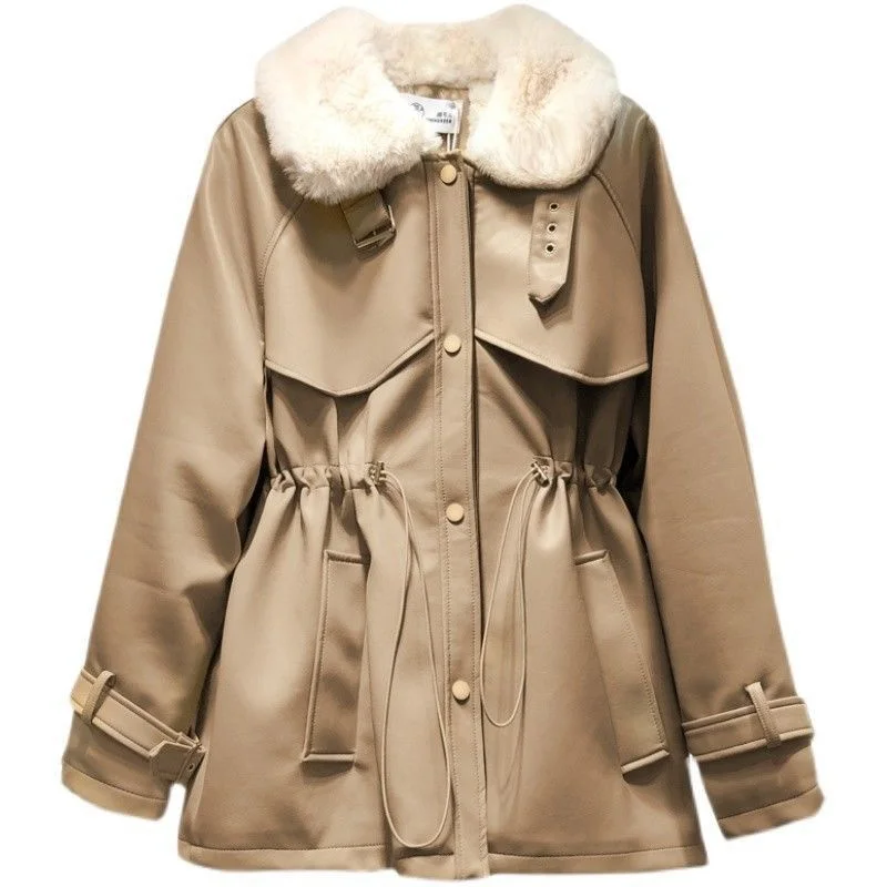 PU Leather Coat Women New Lambswool Jacket Autumn Winter Thick Fur Long Outerwear High-End Fashion Female Overcoat Tops