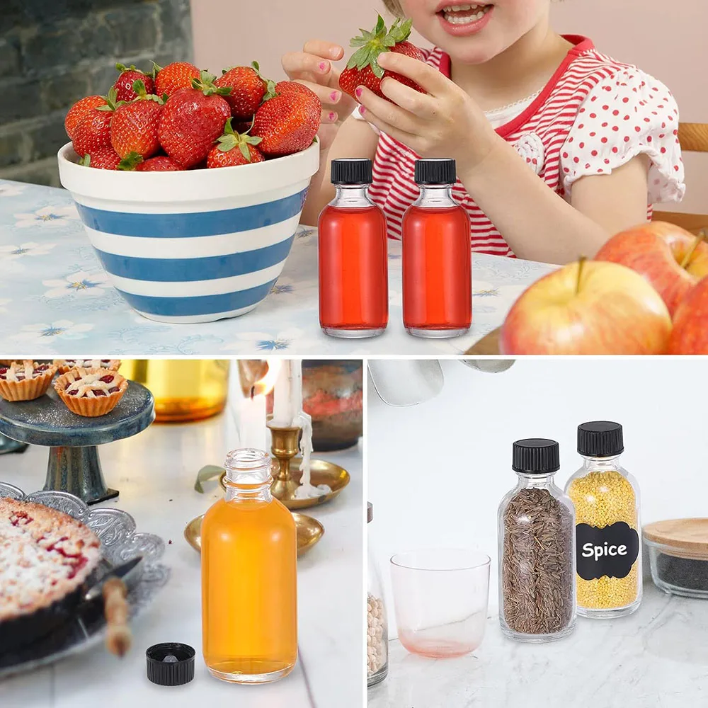 2oz Small Clear Glass Bottles(60ml) with Lids Boston Round Travel Bottles for Vanilla Hot Sauce Juice Whiskey Liquid