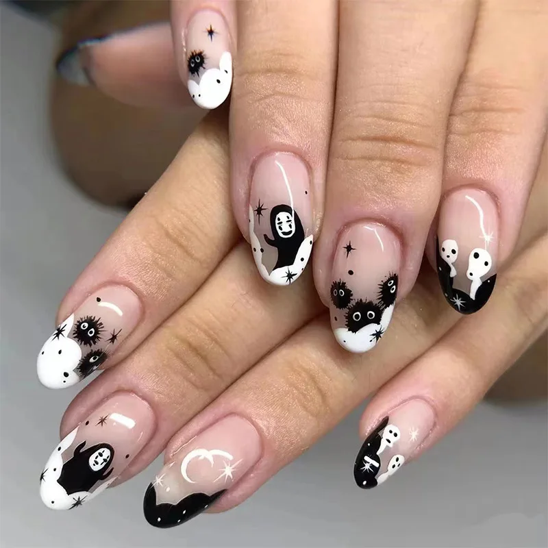 24 pz/set Halloween Press on Nails Set Nero French Nail Copertura Completa Bara Acrilico Unghie Finte Breve Stampa su Punte False Del Chiodo