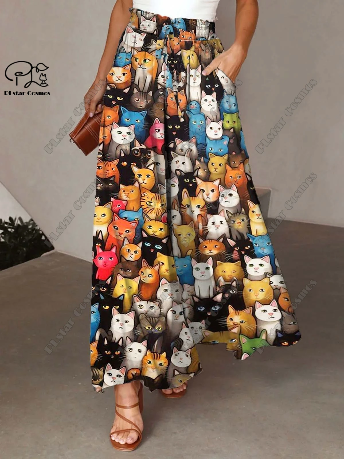 3D printed colorful cat fox owl bat animal pattern women's wide leg pants elastic waist pleated trousers series