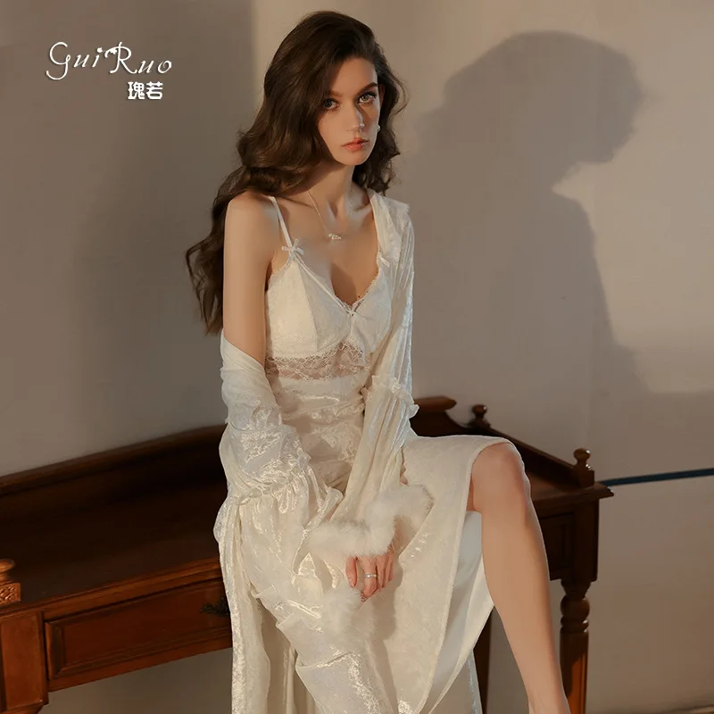 Ensemble de Chemise de nuit en velours, soutien-gorge intégré, Push Up, Chemise Sexy en V profond avec Robe, pyjama inspiré de la Lingerie thermique d'automne pour femmes