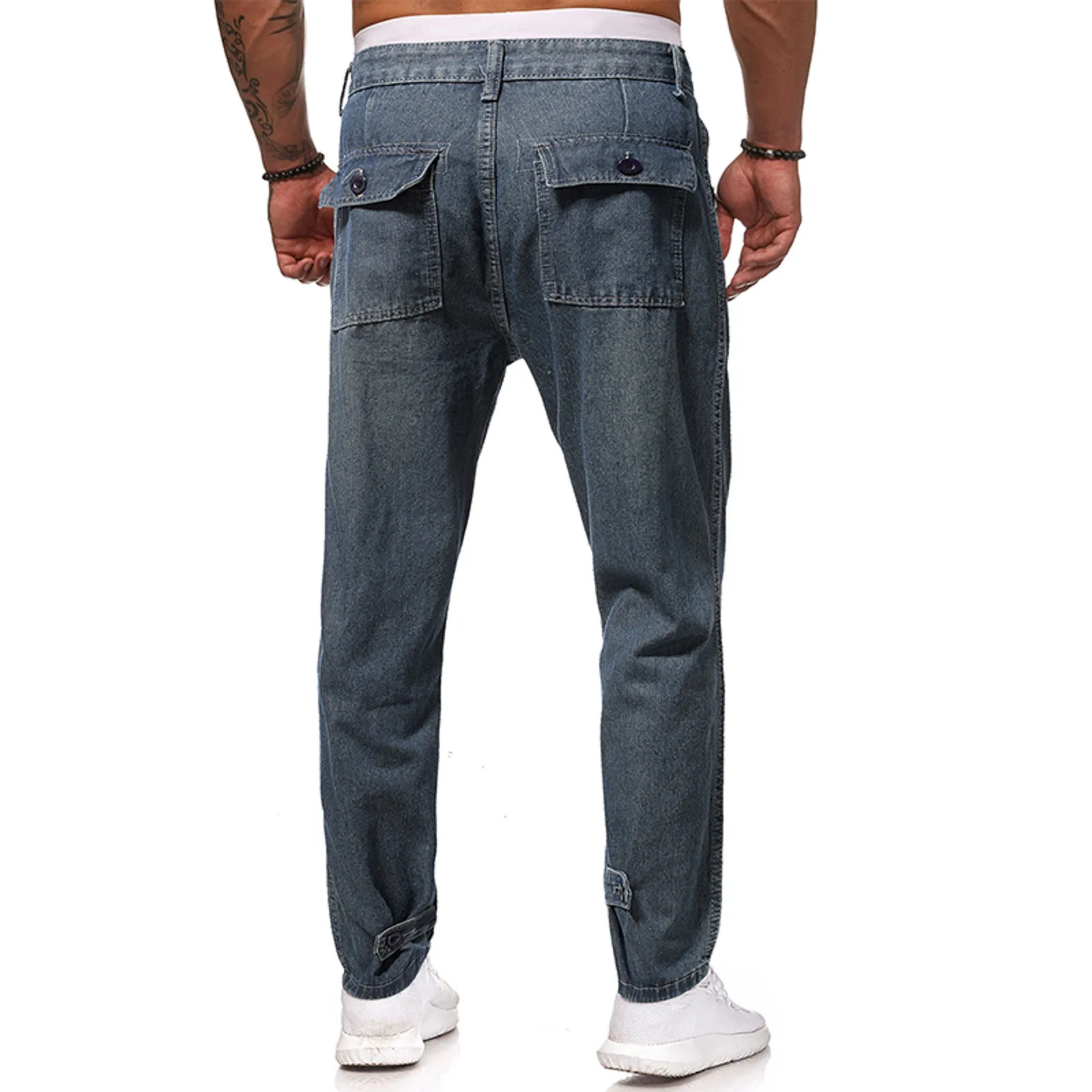 Jeans slim fit cor sólida masculino, calça reta casual jeans com fecho de fivela, calça comprida, moda jovem europeia e americana, nova moda