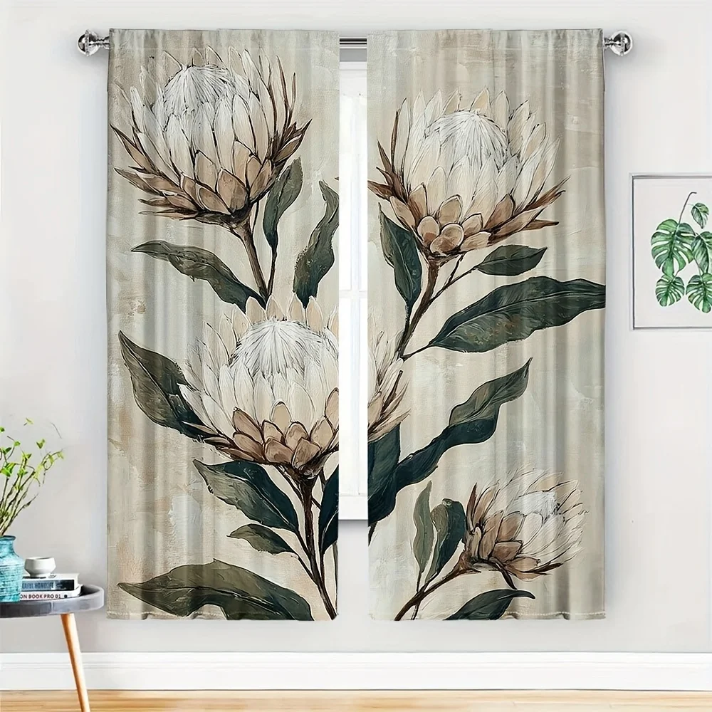 2PC Elegant Botanical Peony Floral Curtains Watercolor Print Window Curtains Panel Decor for Farmhouse Cottage Style Living Room