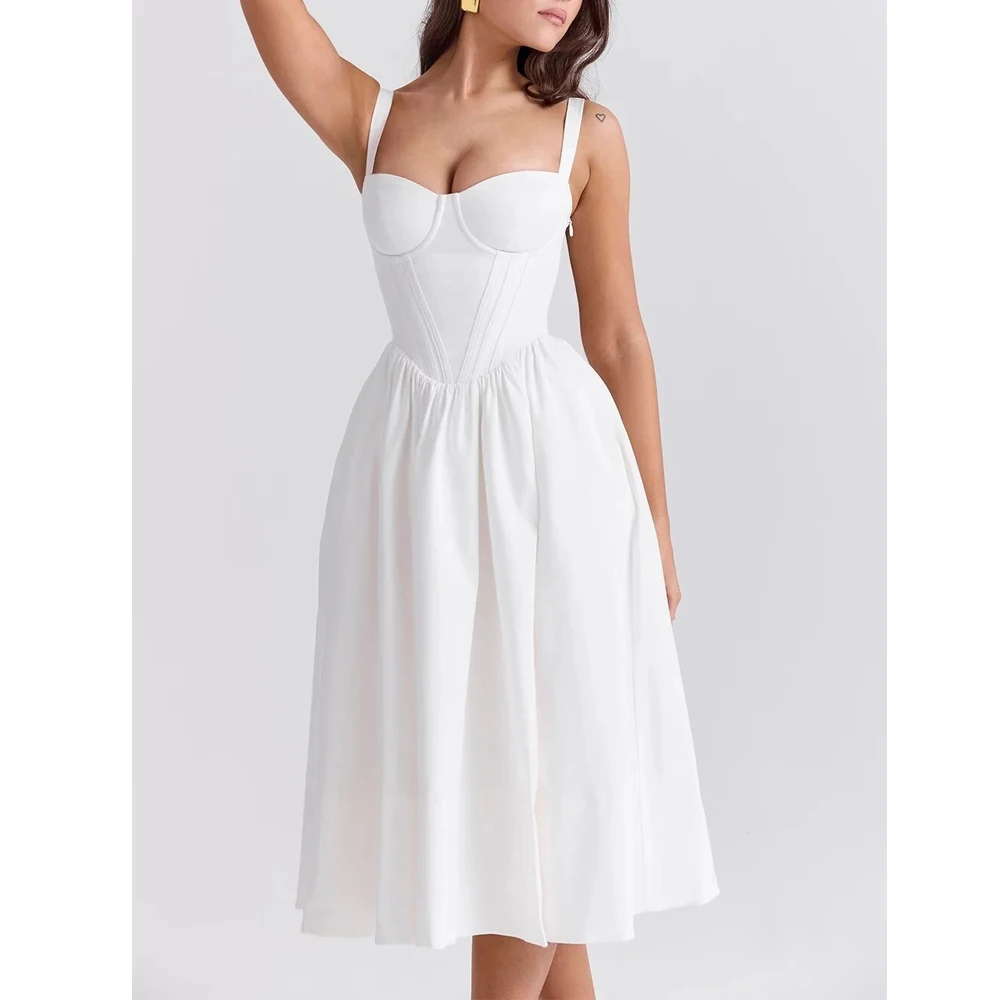 2025 新しい女性の夏のセクシーなロングドレスノースリーブタンクトップエレガントな白いドレス Vestidos 服