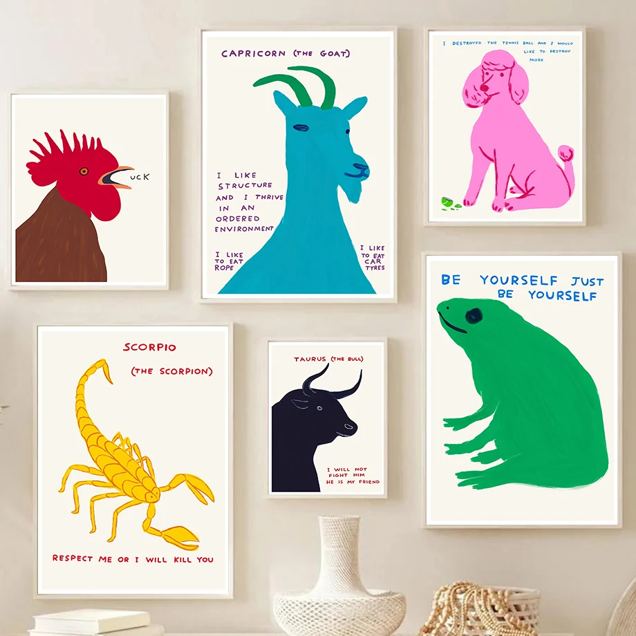 David Shrigley Funny Animal Zodiac Rabbit Pig Dog Color Poster and Prints Canvas Printing Wall Art Picture for Living Room Decor