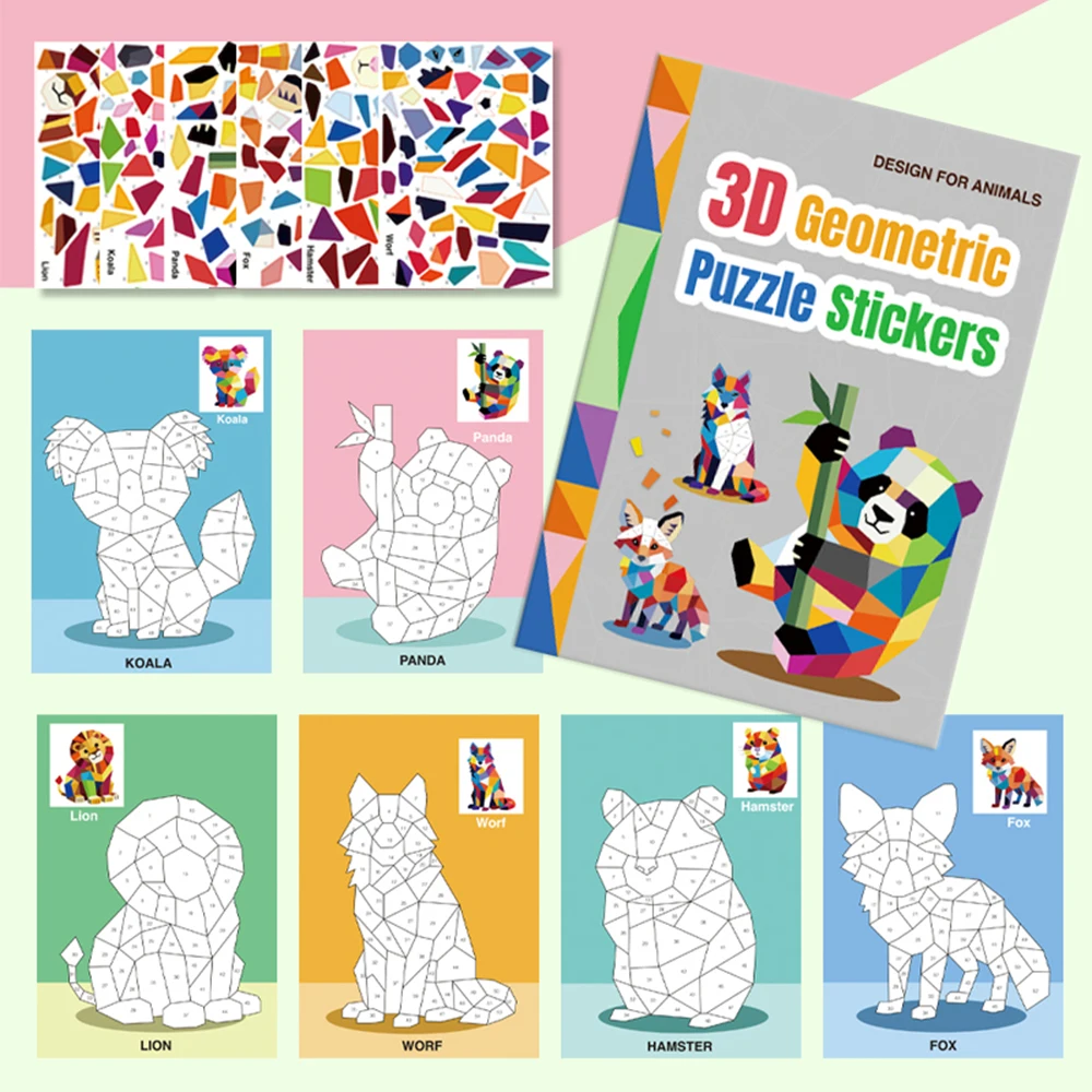 Children 3D Geometric Puzzle Stickers Cartoon Animal Sticker Puzzle Portable DIY Collage Sticker Book Kids Sticker Toy Gifts