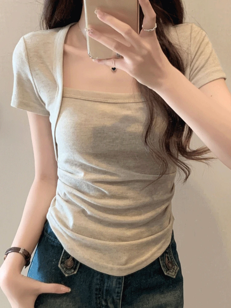 Square neck slim front shoulder t-shirt for women with short sleeves  summer design pleated and waisted short fitting top