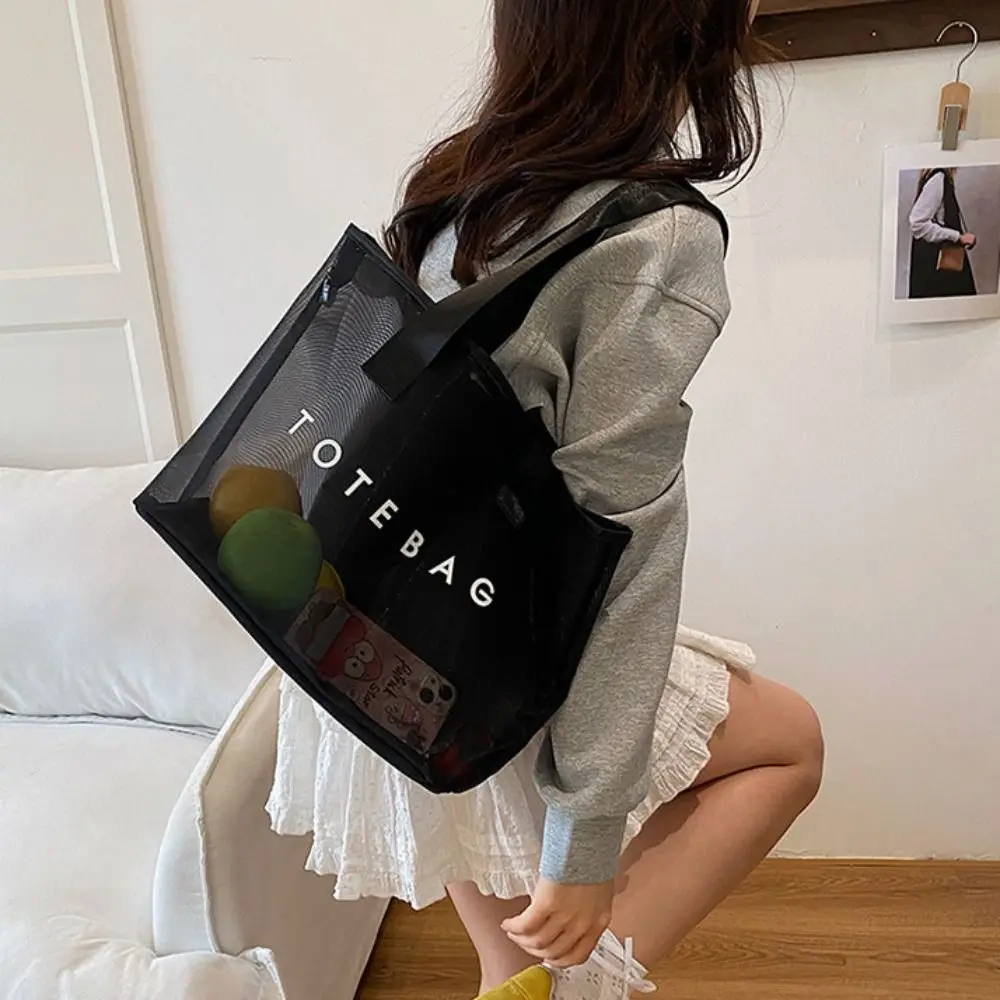 

Transparent Mesh Tote Bag Large Capacity with Handle Swimming Handbag Travel Toiletries Organizer Storage Pouch