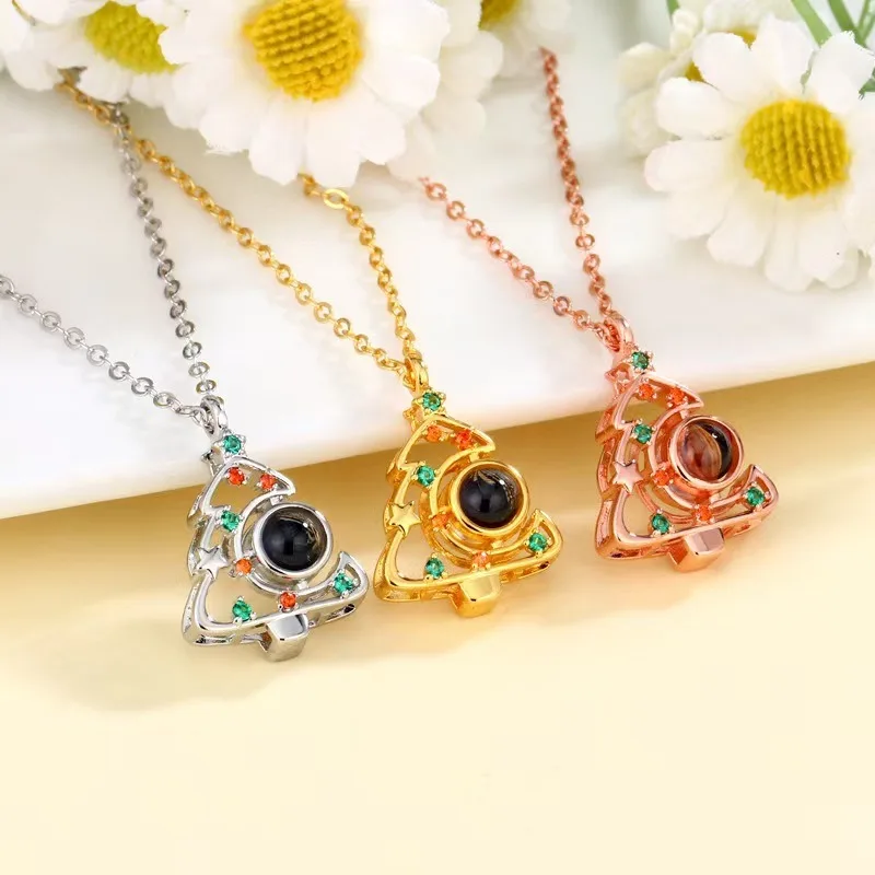 

Personalized Christmas Tree Custom Photo Projection Necklace Memorial Picture Pendant For Christmas Gifts For Women Girlfriend