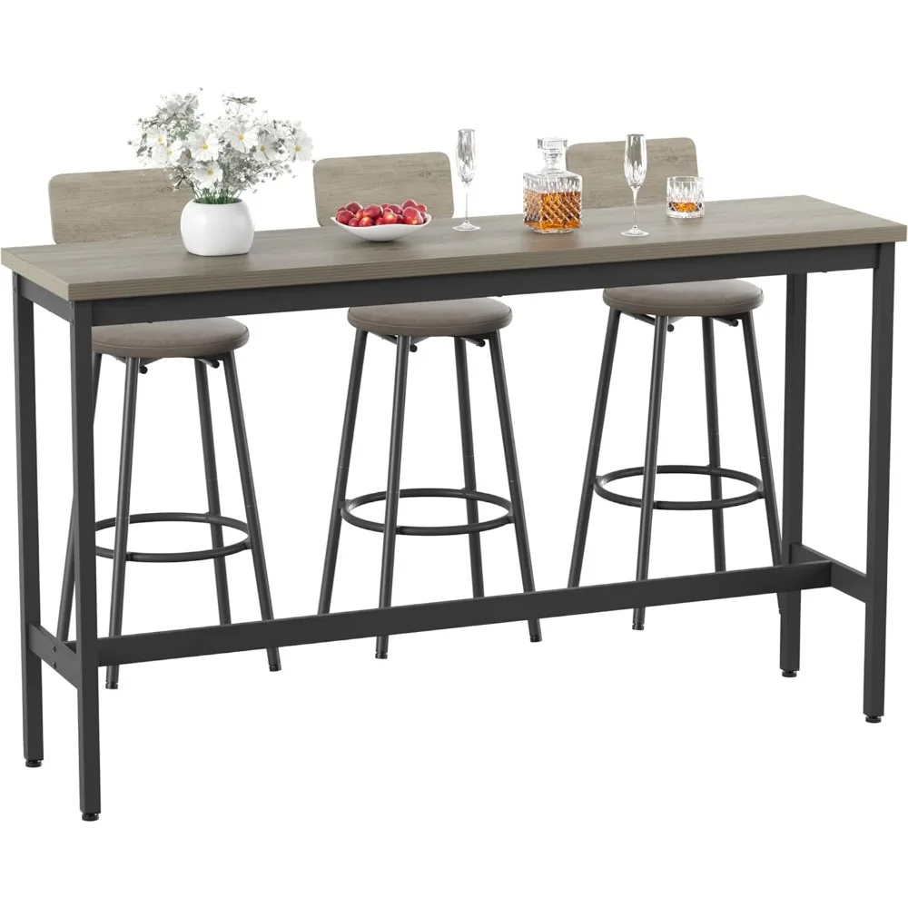 

63 in Long Bar Table Set with 3 PU Upholstered Bar Stools, Dining Table and Chair Sets, Industrial Tall Coffee Table and Back Ch