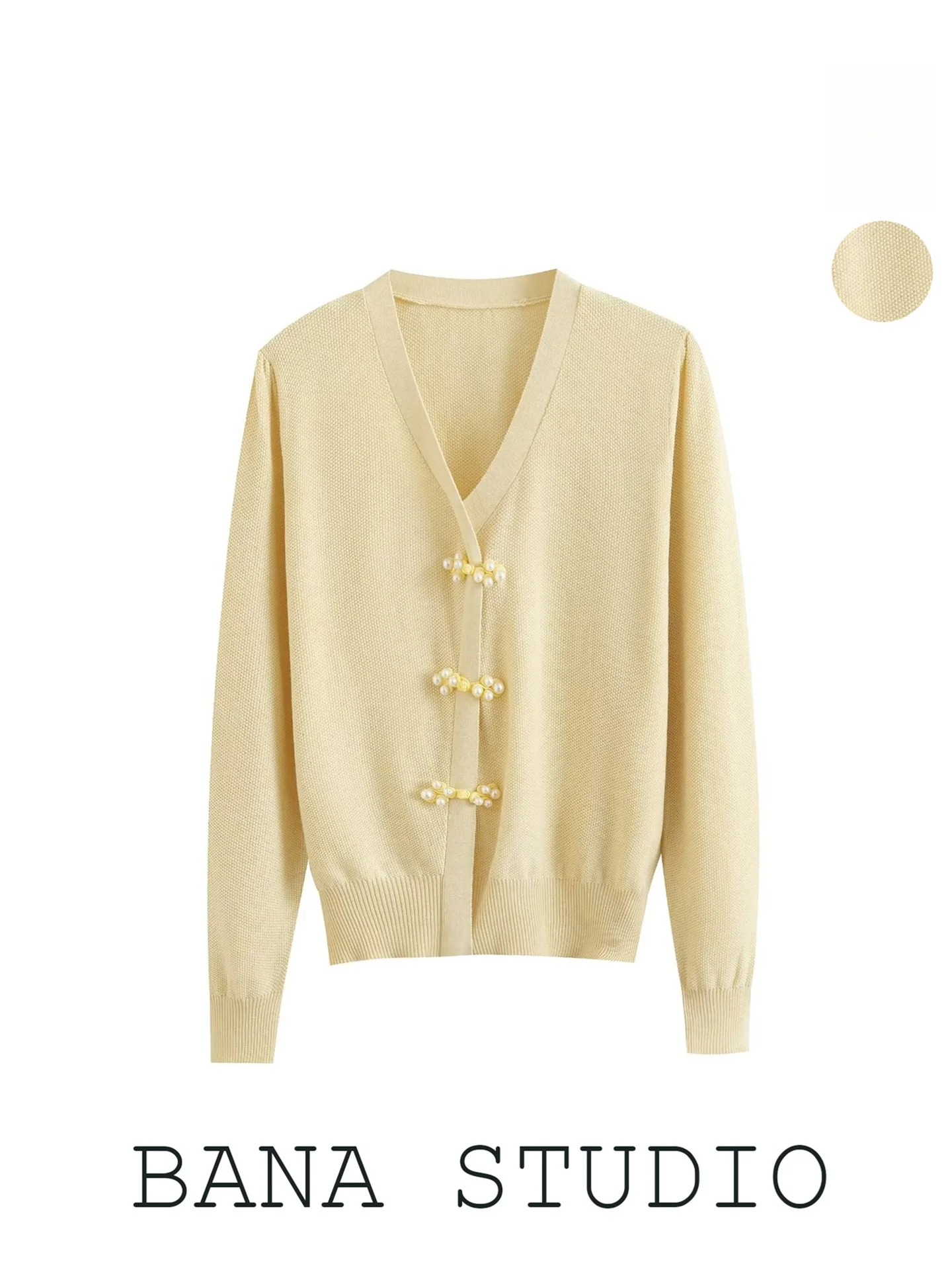 

Желтый вязаный свитер с v-образным вырезом и жемчужными пуговицами, китайский женский топ BANA Tailor, Новое поступление, весна-осень